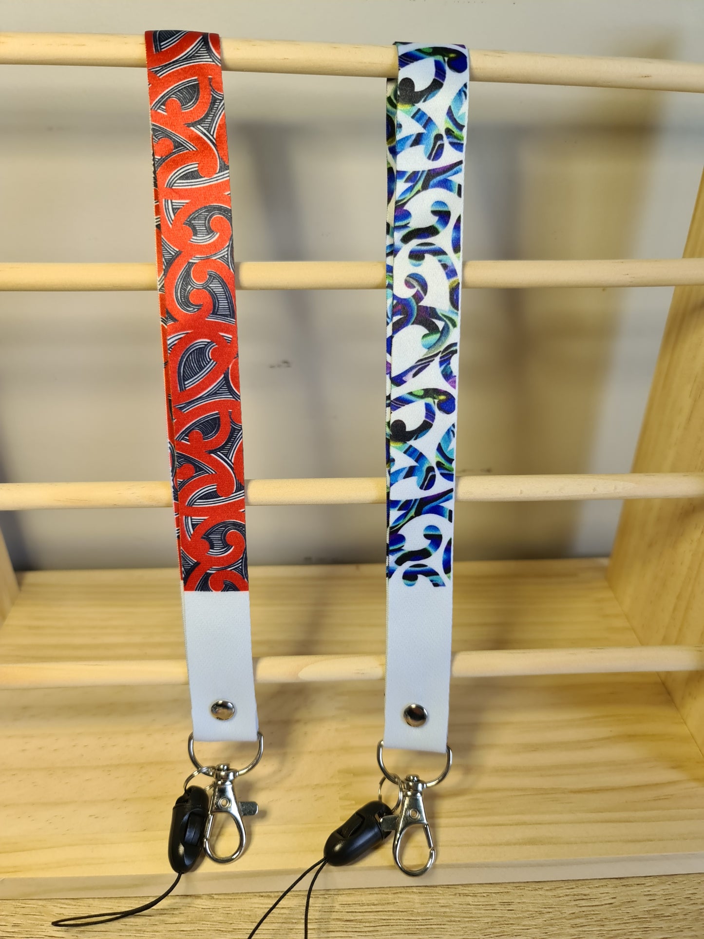 Custom Maori design lanyard short red and black koru