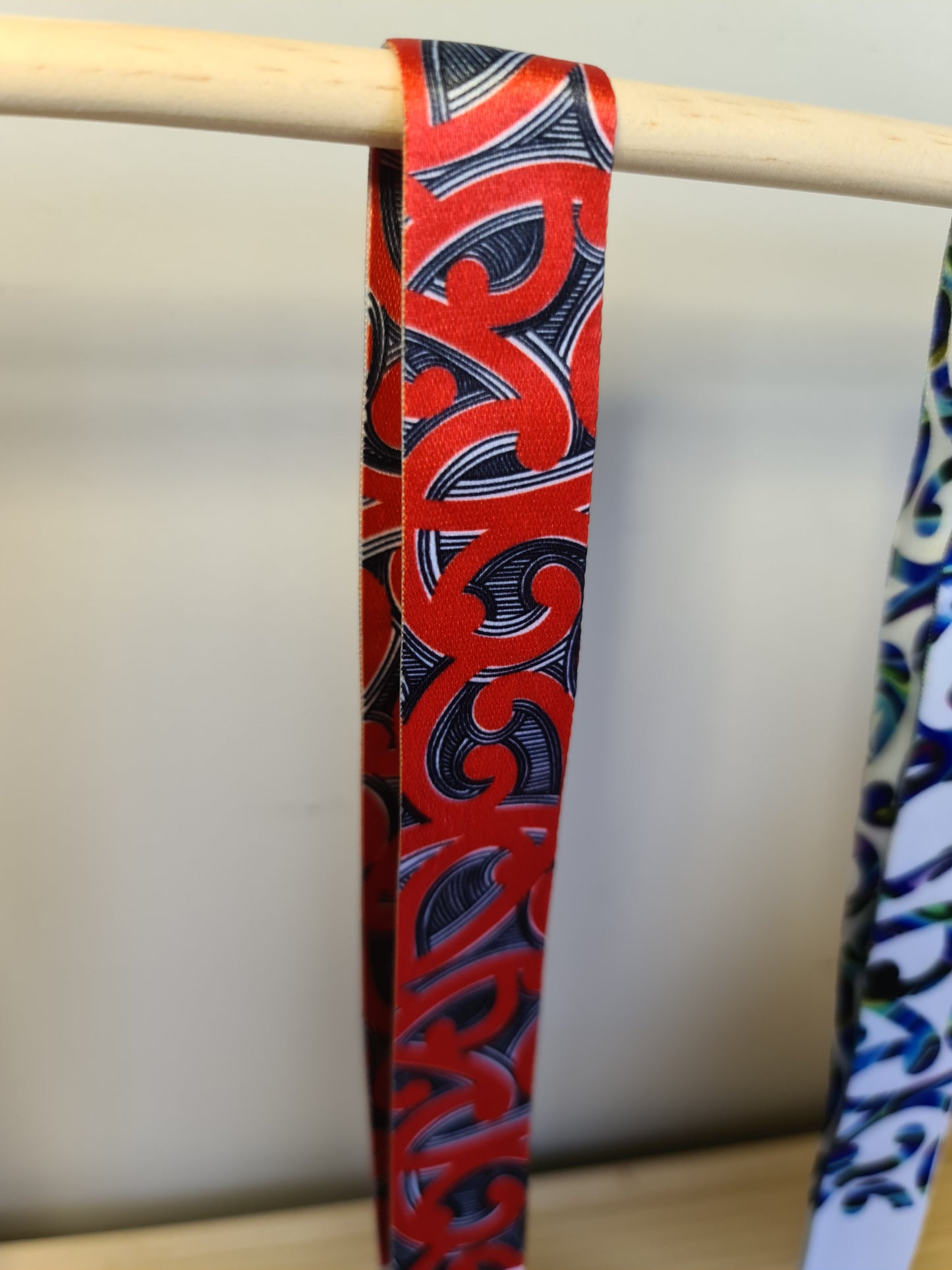Custom Maori design lanyard short red and black koru