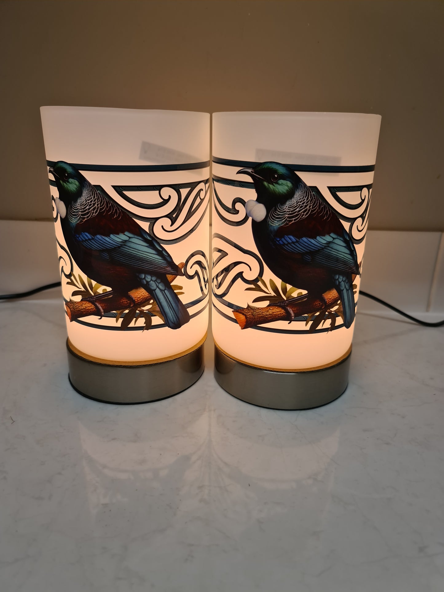 Maori design touch lamp - set 2 lamps Tui bird