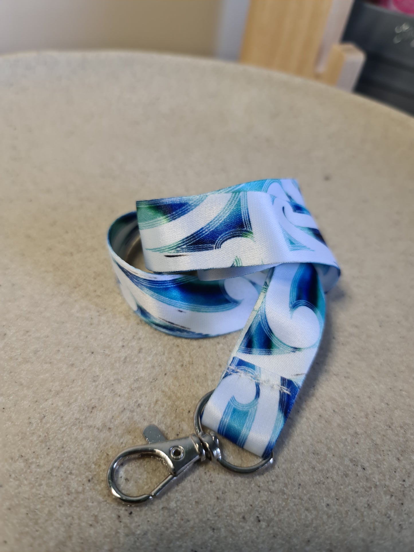 Custom Maori design lanyard light paua Koru
