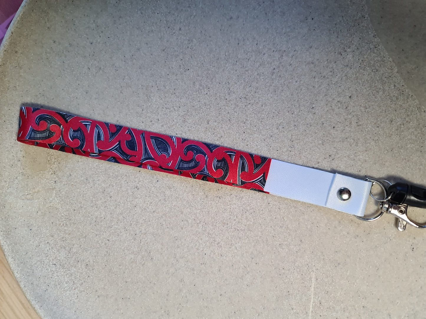 Custom Maori design lanyard short red and black koru