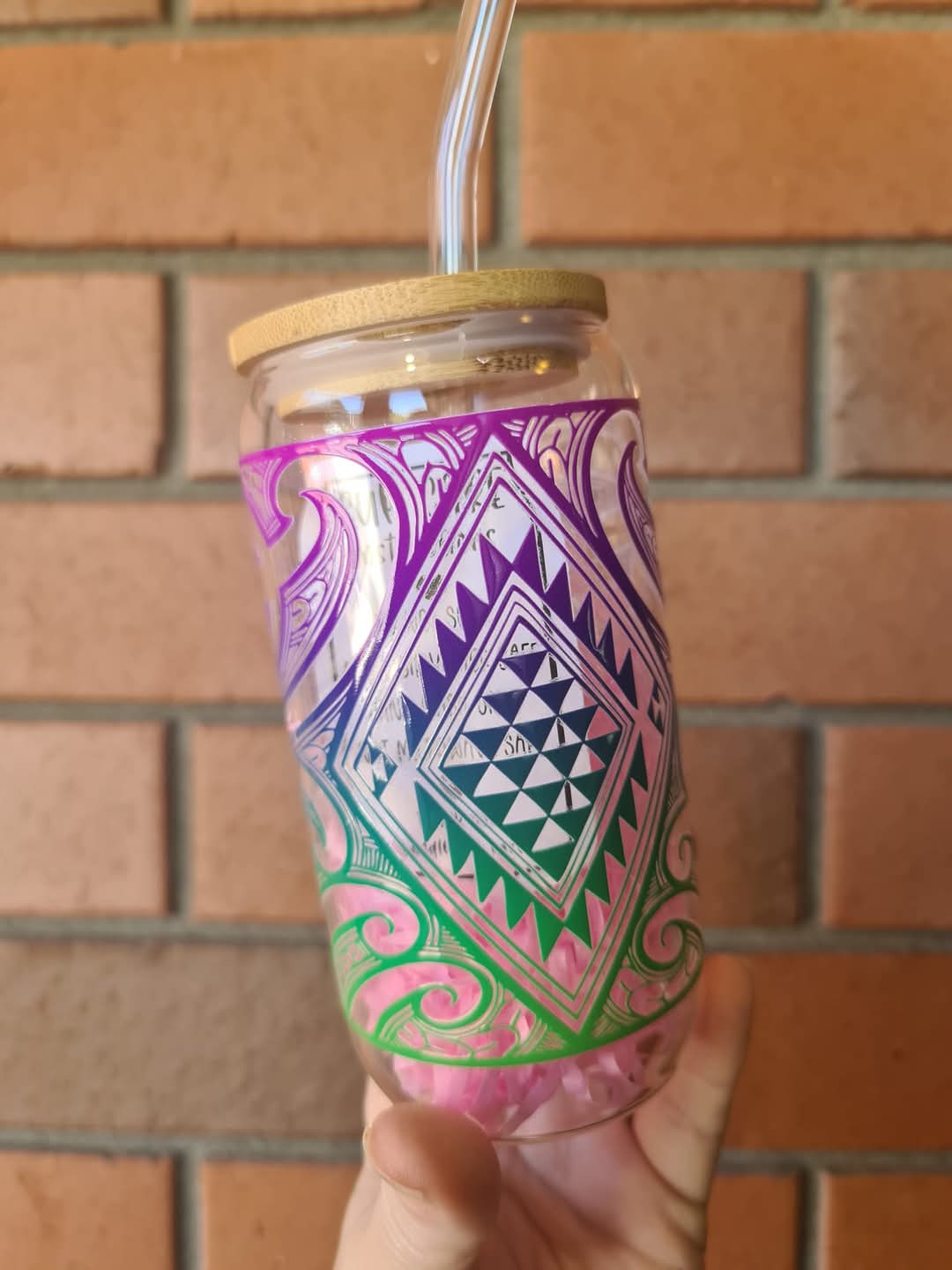 Handmade custom glass cup with bamboo lid and straw