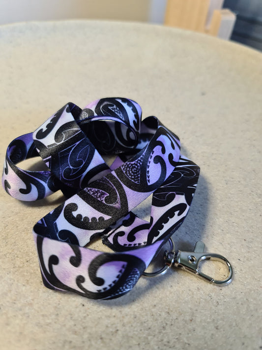 Custom Maori design lanyard Purple and black Koru
