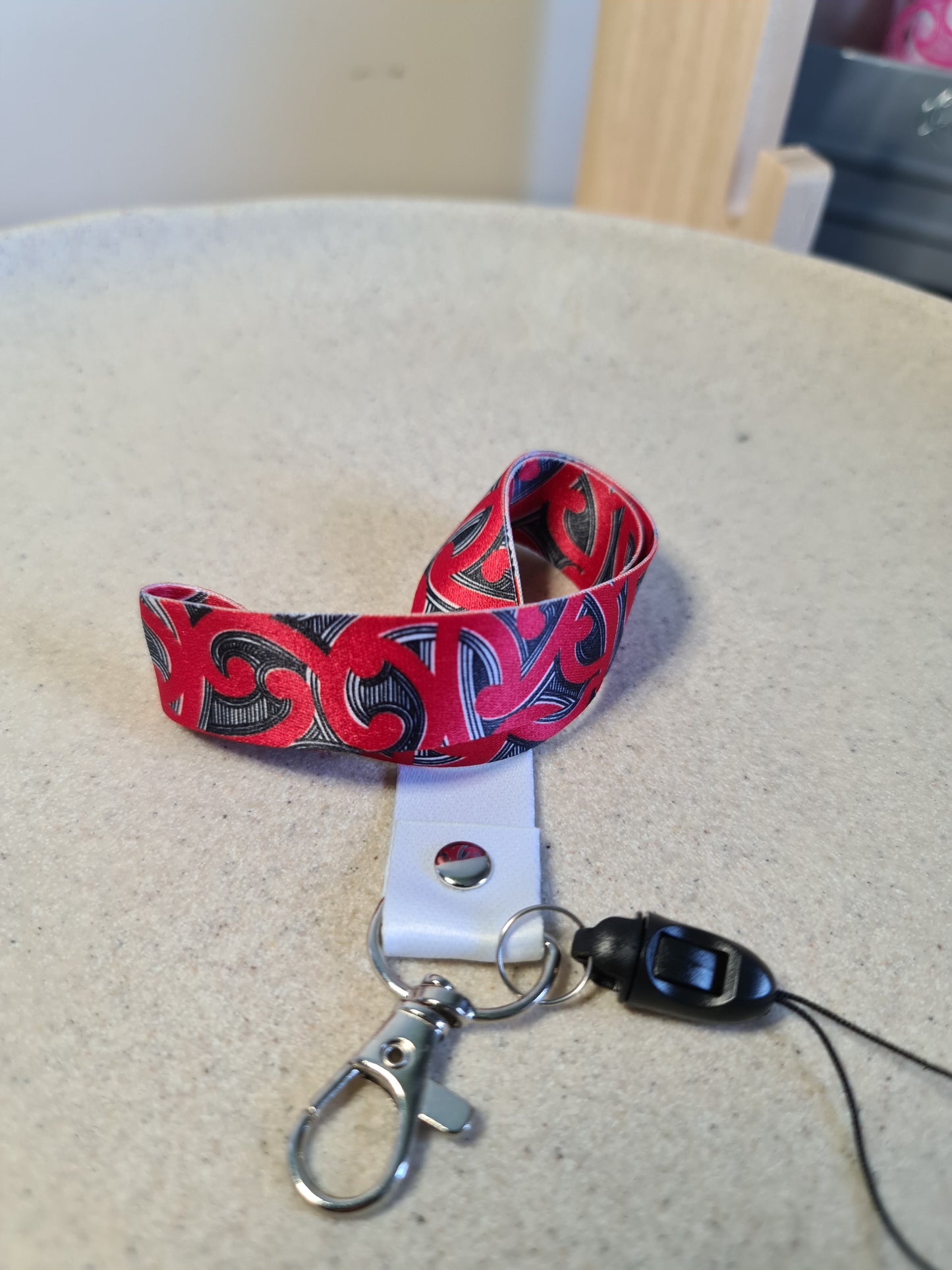 Custom Maori design lanyard short red and black koru