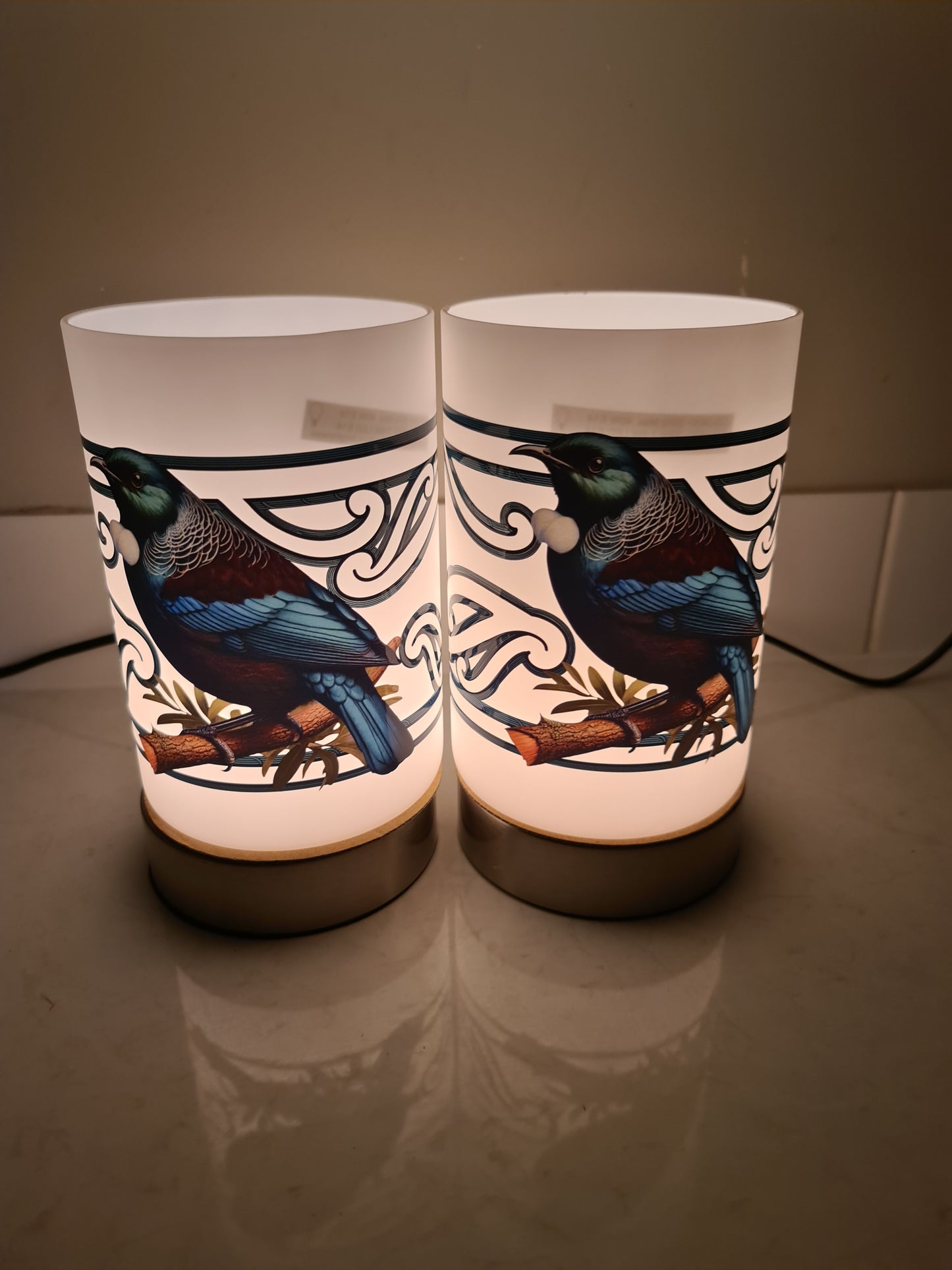 Maori design touch lamp - set 2 lamps Tui bird