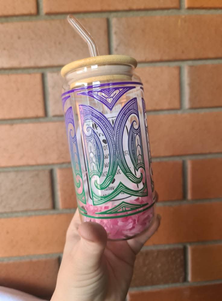 Handmade custom glass cup with bamboo lid and straw