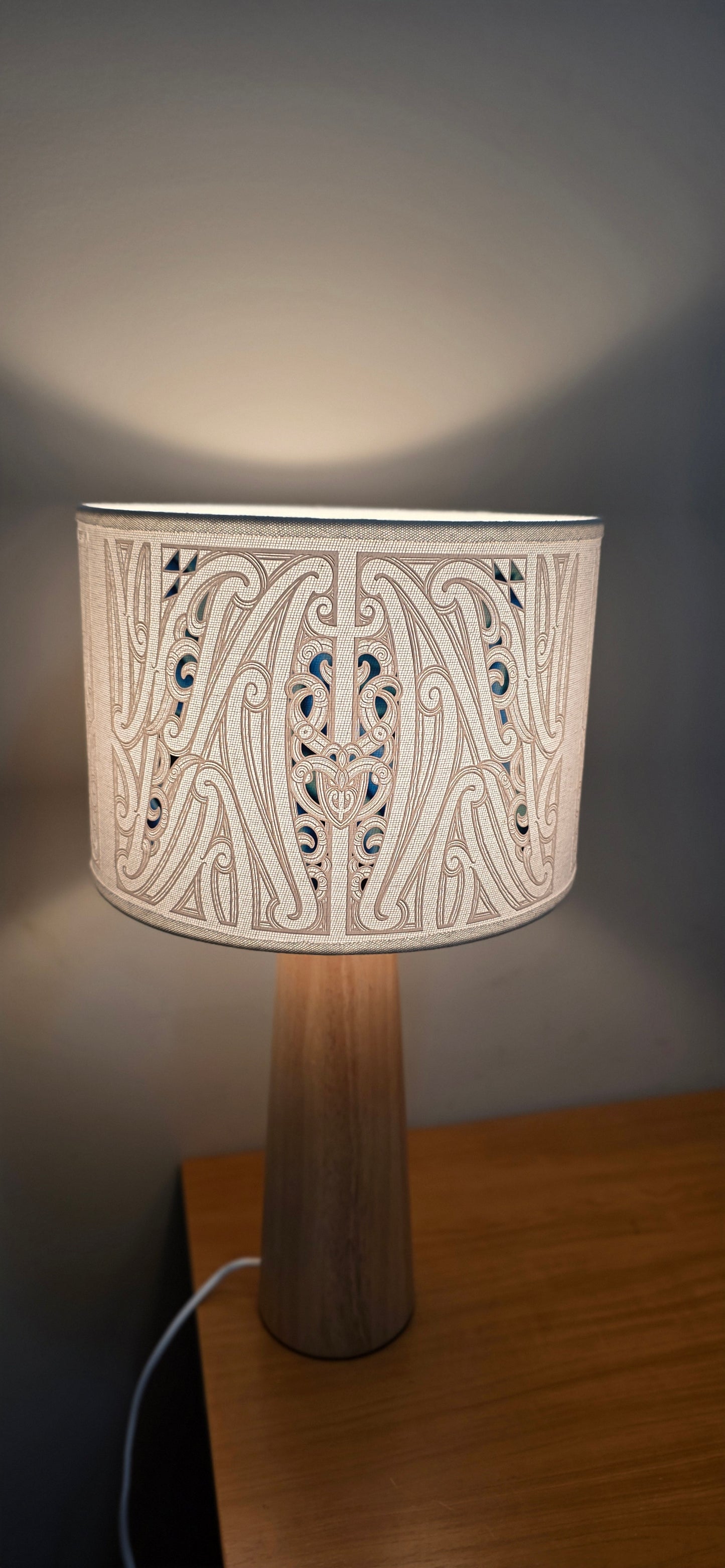 Maori Design table lamp - white/Paua wooden base  (single)
